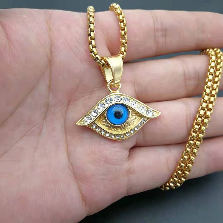 Hip hop Gold color Eye Pendant Necklace with zircon 316L Stainless steel Clavicle Necklace Women men Jewelry