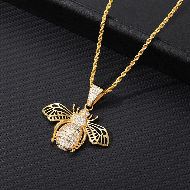 Hip-hop  Zircon Bee Necklaces Men Gold Color Aesthetic HoneyBee Pendant Jewelry For Women 2022 Trend Gifts
