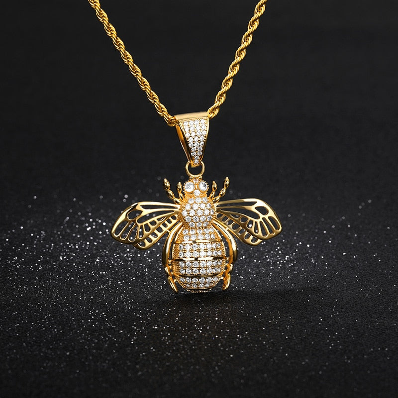 Hip-hop  Zircon Bee Necklaces Men Gold Color Aesthetic HoneyBee Pendant Jewelry For Women 2022 Trend Gifts
