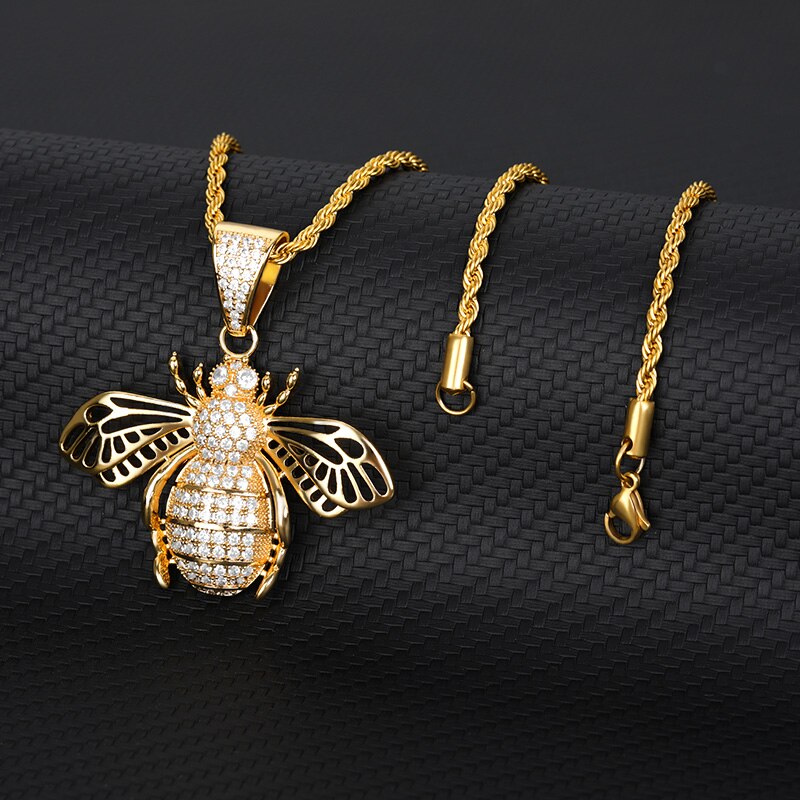 Hip-hop  Zircon Bee Necklaces Men Gold Color Aesthetic HoneyBee Pendant Jewelry For Women 2022 Trend Gifts