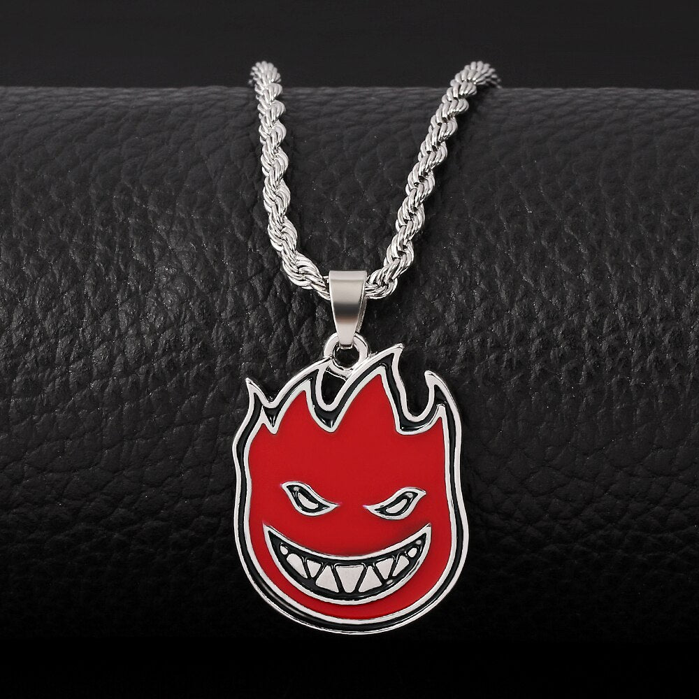 Hip-hop Magic Flame Face Pendant Punk Red Metal For Man Collar Necklace Punk Rock Charm Bar Nightclub Jewelry Accessories