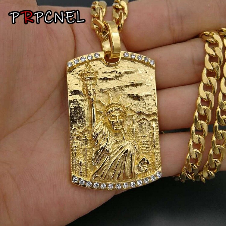 Hip hop Men Women Gold Silver color Statue of Liberty Stainless Steel Charm Pendant Rope Cuban Jewelry Souvenir Necklace
