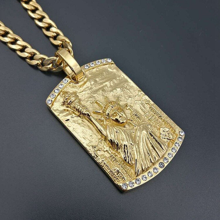 Hip hop Men Women Gold Silver color Statue of Liberty Stainless Steel Charm Pendant Rope Cuban Jewelry Souvenir Necklace