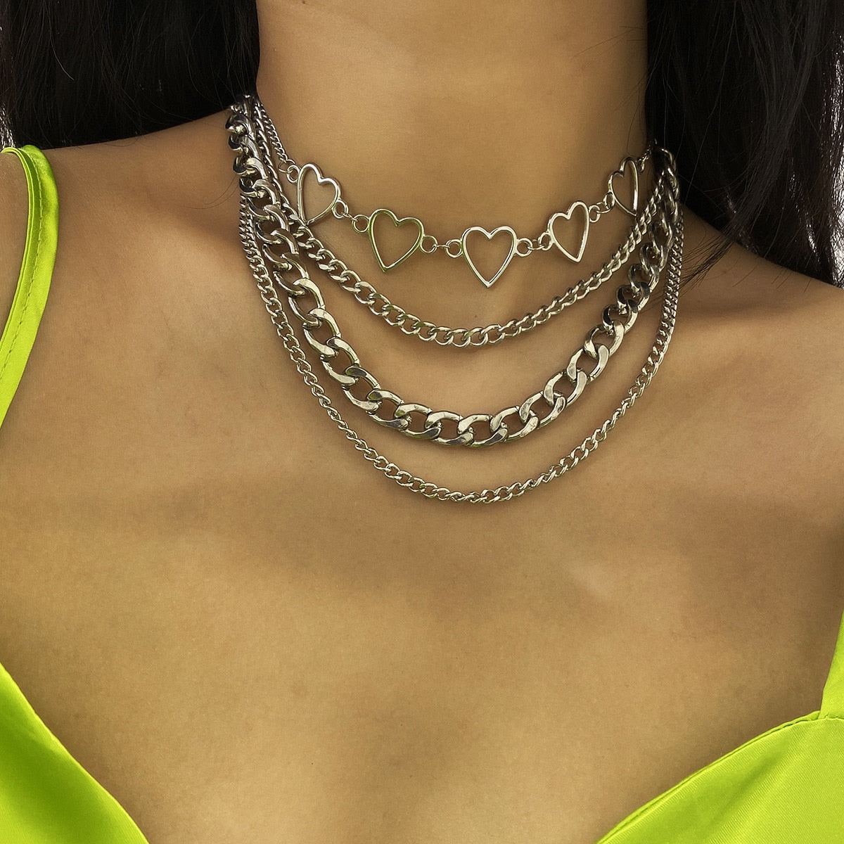 Hip hop Multi Layered Love Heart Collar Chokers Necklaces Punk Chunky Silver Color Chain Necklace For Women 2021 Jewelry