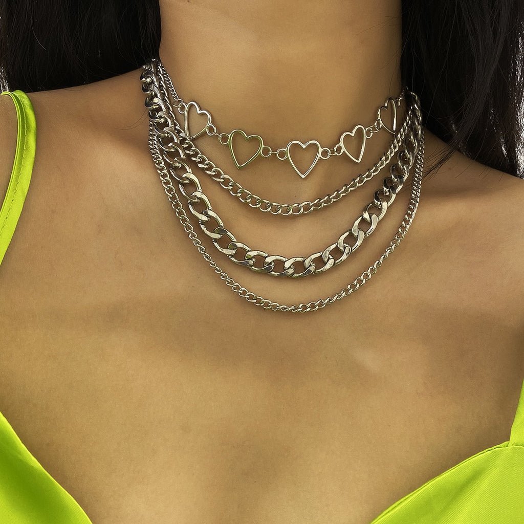 Hip hop Multi Layered Love Heart Collar Chokers Necklaces Punk Chunky Silver Color Chain Necklace For Women 2021 Jewelry