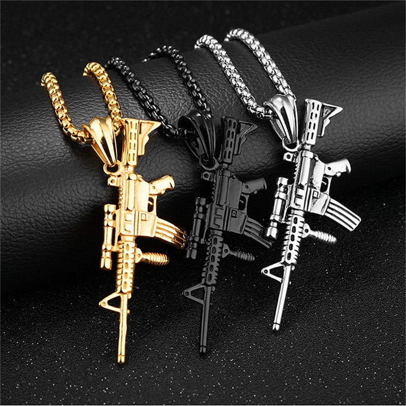 HipHop Alloy Refined Stylish Iced Out Gold Silvery Color Alloy M4 Gun Pendants Necklace For Men Rapper Jewelry