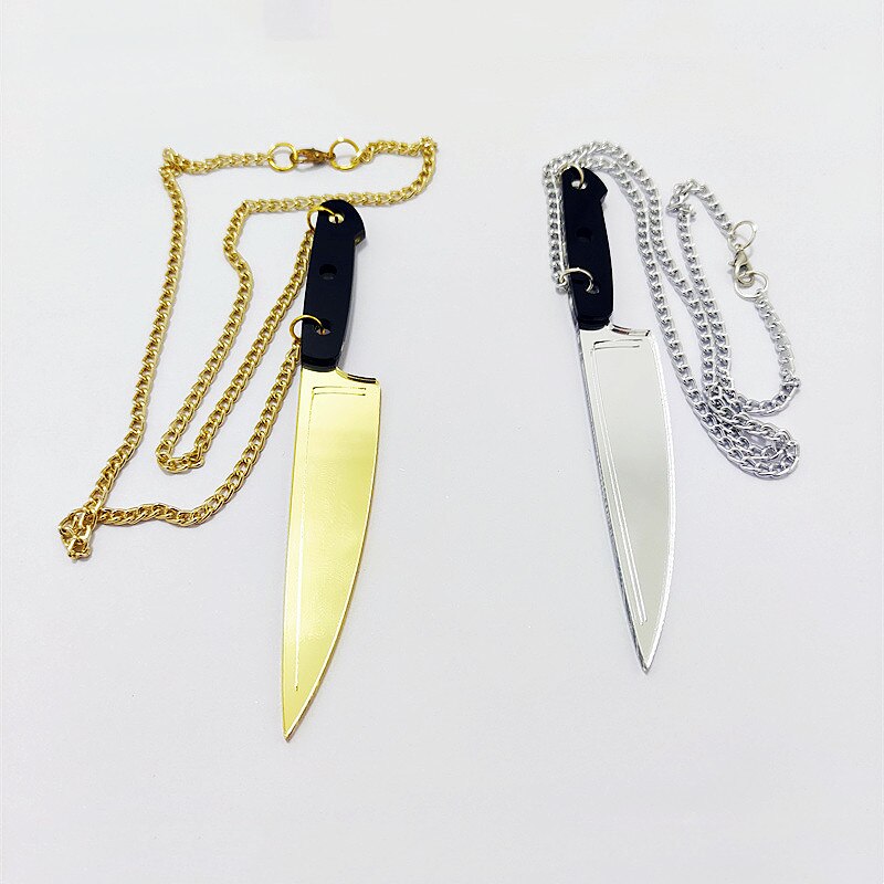 HipHop Punk Gold Silver Color Knife Weapons Pendant Necklace for Women Men Mirror Halloween Acrylic Jewelry Accessories