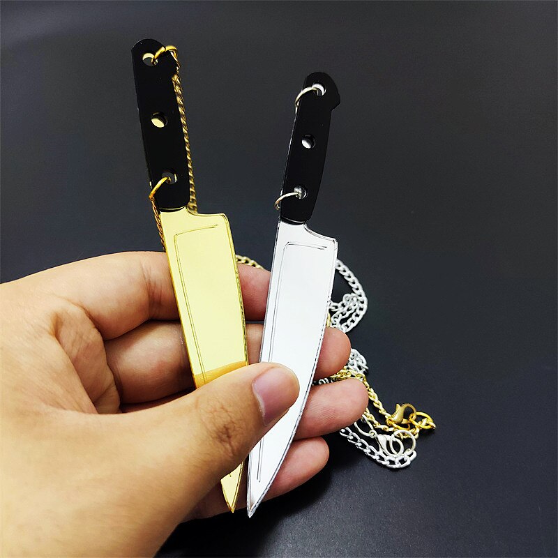 HipHop Punk Gold Silver Color Knife Weapons Pendant Necklace for Women Men Mirror Halloween Acrylic Jewelry Accessories
