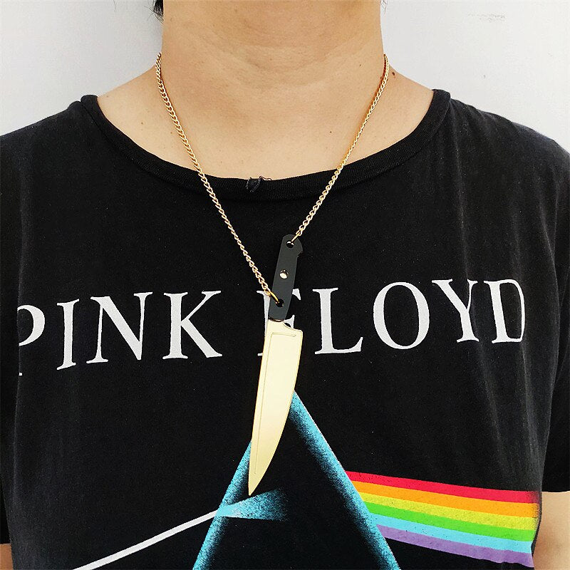 HipHop Punk Gold Silver Color Knife Weapons Pendant Necklace for Women Men Mirror Halloween Acrylic Jewelry Accessories