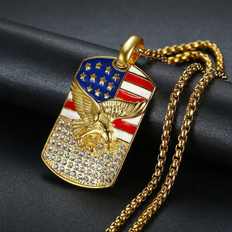 Hiphop American Flag Eagle Pendant 4 Size Stainless Steel Chain Military Soldier Men's Necklace Golden Neck Jewelry