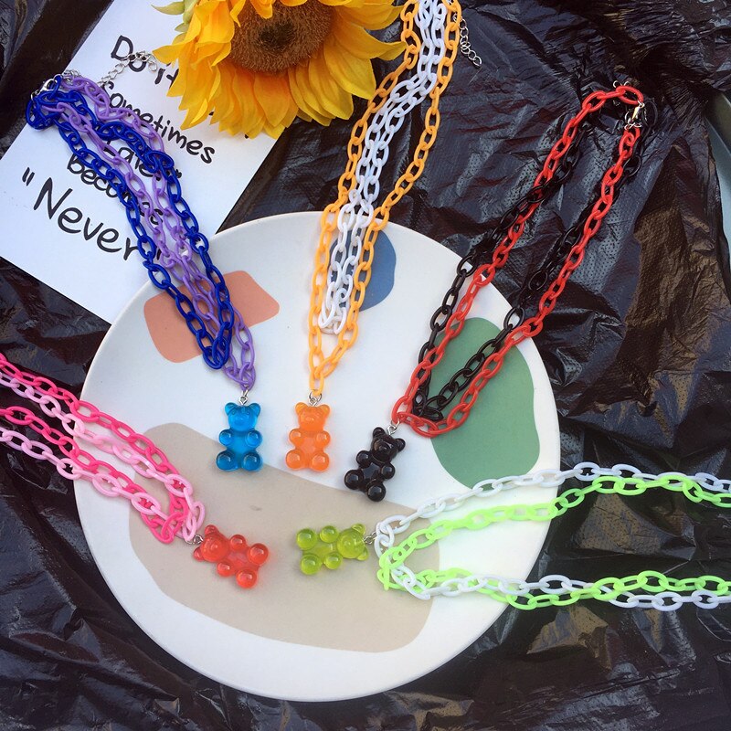 Hiphop- Bear Necklace Multilayer Resin Bears Pendant Necklaces Women Simple Girl Gift Hip Hop O Chain Choker
