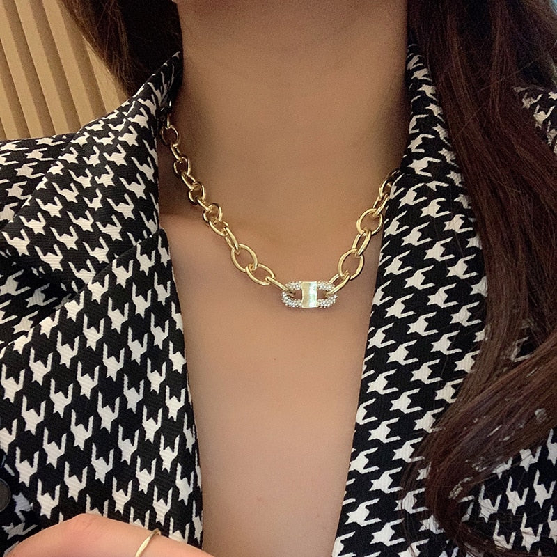 Hiphop Crystal Lock Pendant Necklace for Women Punk Jewelry Gold Chain Chokers Necklaces Female Goth Colliers  2021