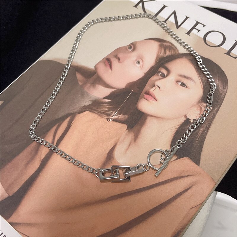 Hiphop OT Clasp Chokers Necklaces for Women Men Jewelry Vintage Metal Square Pendant Necklace Titanium Bijoux  2021