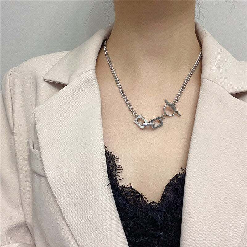 Hiphop OT Clasp Chokers Necklaces for Women Men Jewelry Vintage Metal Square Pendant Necklace Titanium Bijoux  2021