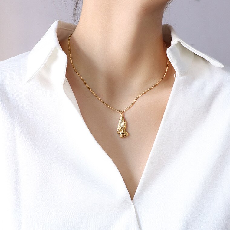 Hiphop Praying Hands Pendant Ball Bead Link Chains Gold Stainless Steel Hands Together Christian Serenity Prayer Medal Pendant