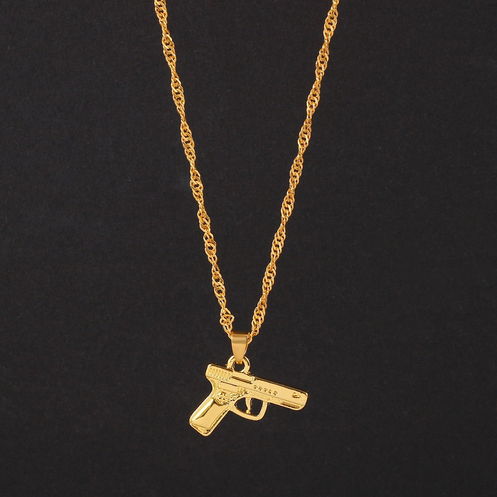 Hiphop Streetwear Gold Color Gun Shape Pendant Necklace Wave Chain Women Men Necklaces Jewelry