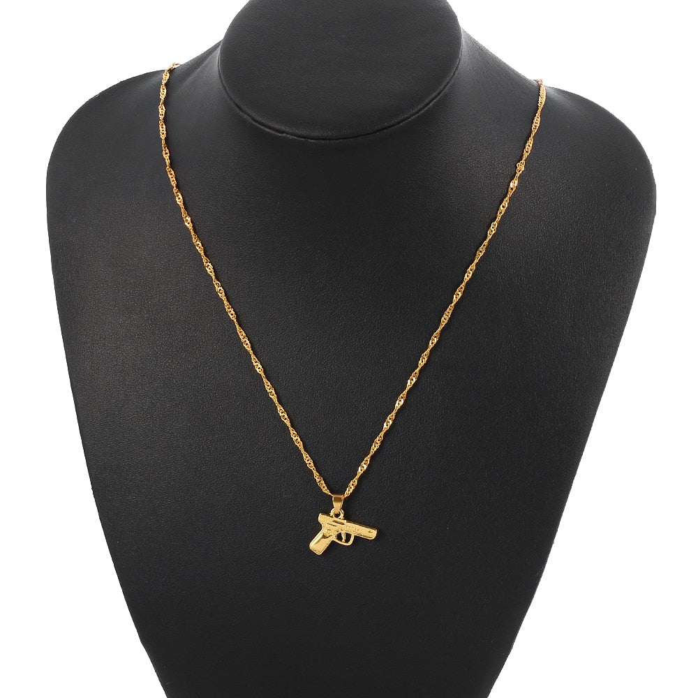 Hiphop Streetwear Gold Color Gun Shape Pendant Necklace Wave Chain Women Men Necklaces Jewelry