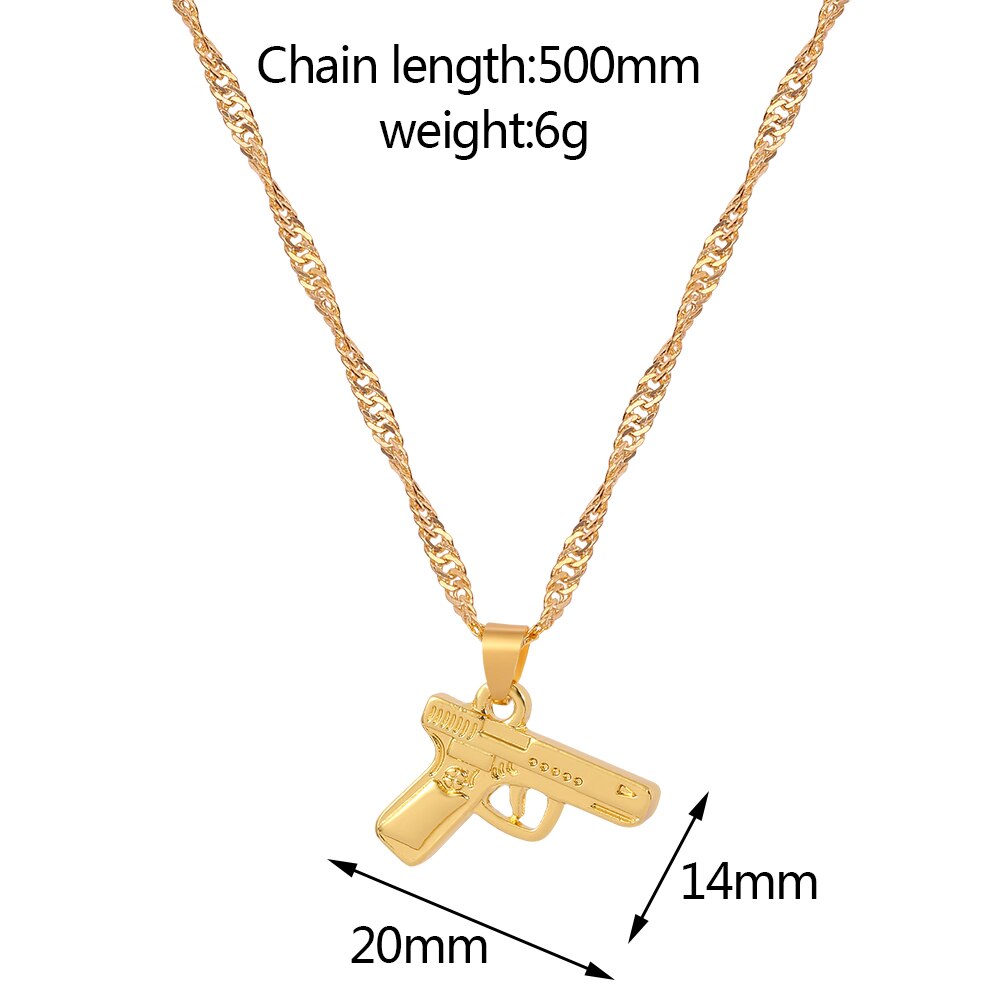 Hiphop Streetwear Gold Color Gun Shape Pendant Necklace Wave Chain Women Men Necklaces Jewelry