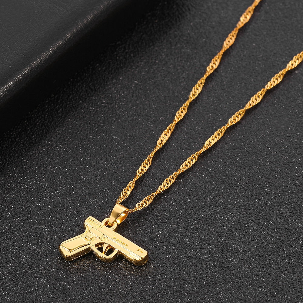 Hiphop Streetwear Gold Color Gun Shape Pendant Necklace Wave Chain Women Men Necklaces Jewelry