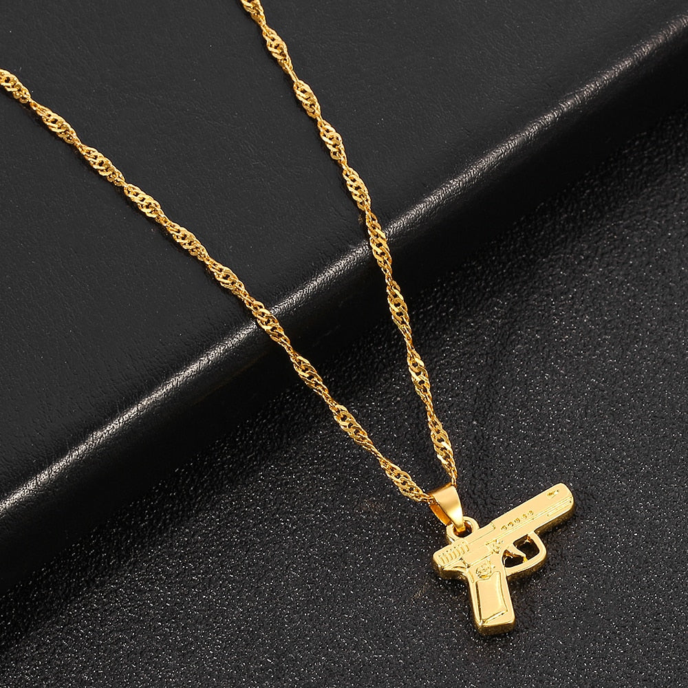 Hiphop Streetwear Gold Color Gun Shape Pendant Necklace Wave Chain Women Men Necklaces Jewelry