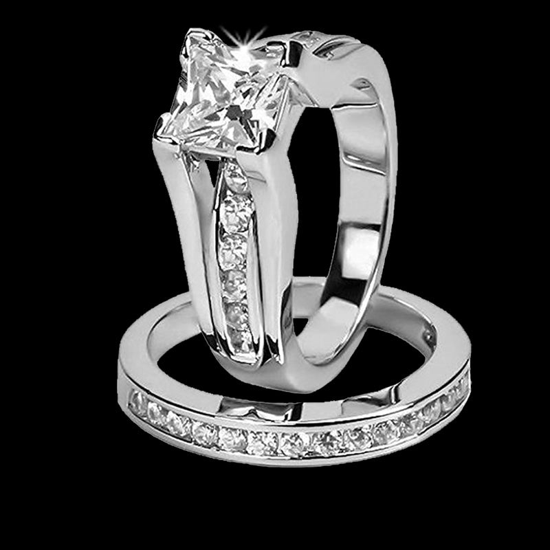 His and Her 316L Stainless Steel Princess Cut Wedding Ring Sets and Eternity Wedding Band