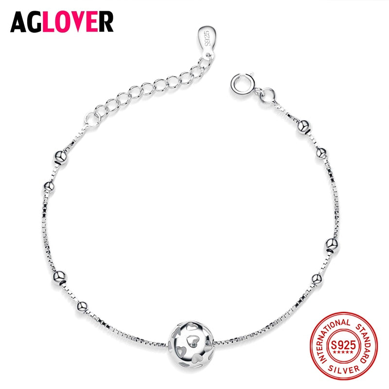 Hollow Balls Charm Bracelets Heart Women's Jewelry 925 Sterling Silver 19.00cm Bangles Gift Box Pouches
