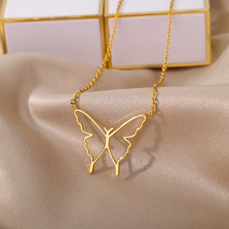 Hollow Butterfly Pendants Necklace for Women Stainless Steel Gold Color Choker Necklaces 2023 Trend Aesthetic Jewelry colliers