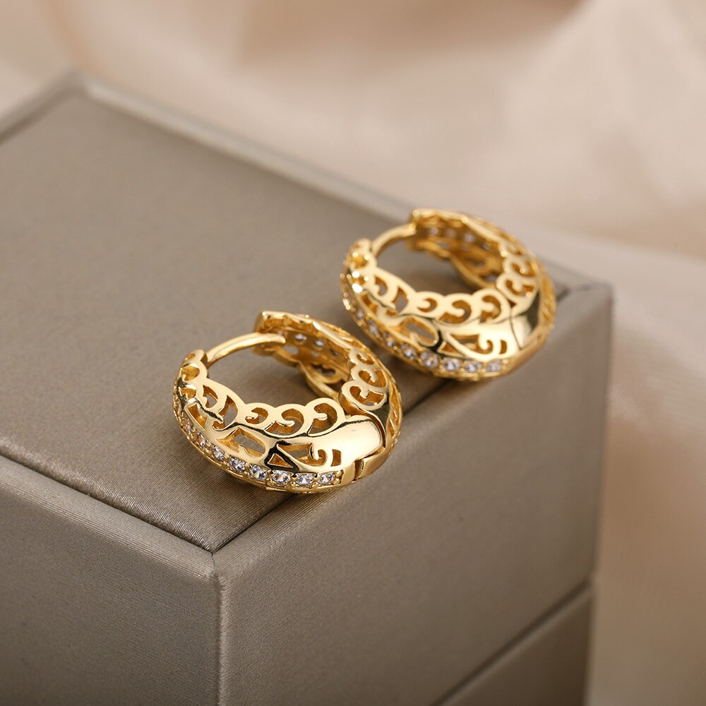 Hollow Flower Hoop Earrings For Women Stainless Steel Gold Color Floral Earrings 2023 Trend Wedding Couple Jewerly Gift femme