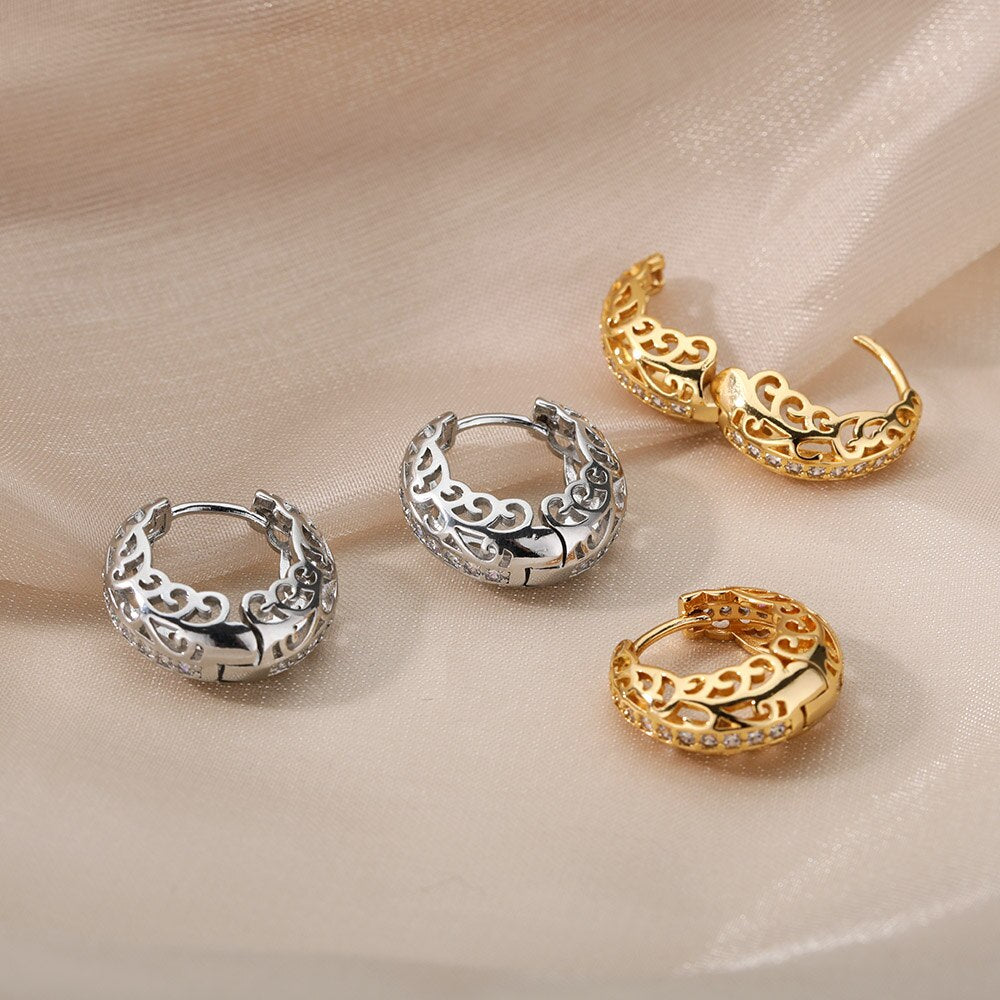 Hollow Flower Hoop Earrings For Women Stainless Steel Gold Color Floral Earrings 2023 Trend Wedding Couple Jewerly Gift femme