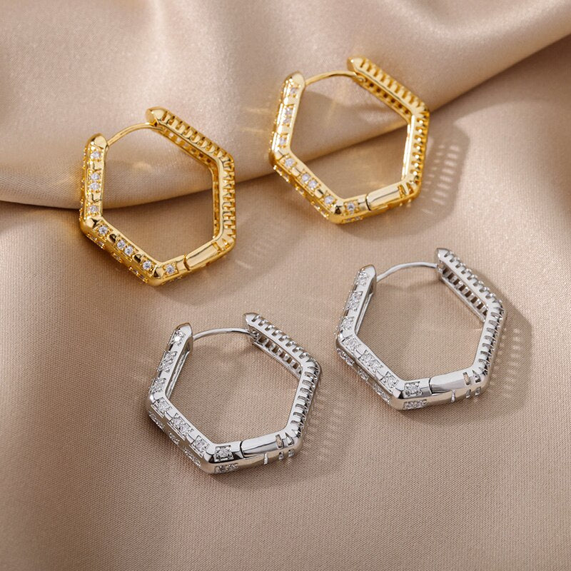 Hollow Hexagon Hoop Earrings for Women Stainless Steel Gold Color Zircon Earrings Female 2023 Trend Couple Wedding Jewelry femme