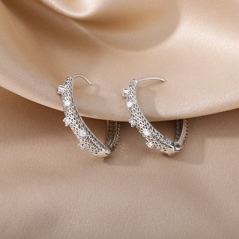 Hollow Hexagon Hoop Earrings for Women Stainless Steel Gold Color Zircon Earrings Female 2023 Trend Couple Wedding Jewelry femme