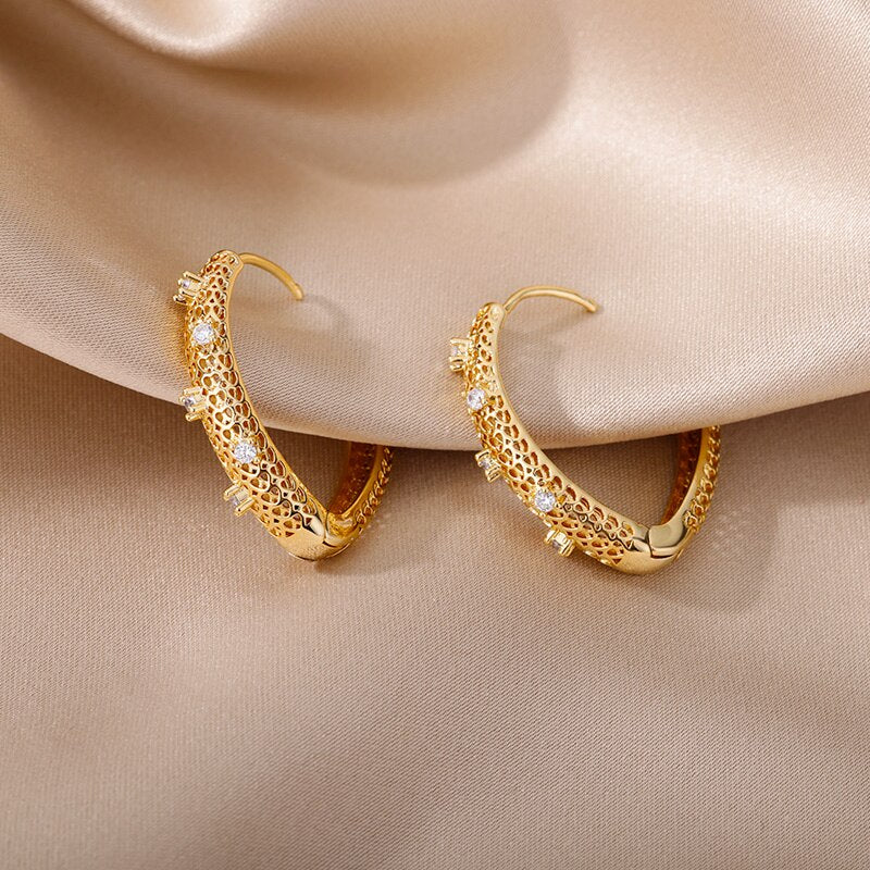 Hollow Hexagon Hoop Earrings for Women Stainless Steel Gold Color Zircon Earrings Female 2023 Trend Couple Wedding Jewelry femme