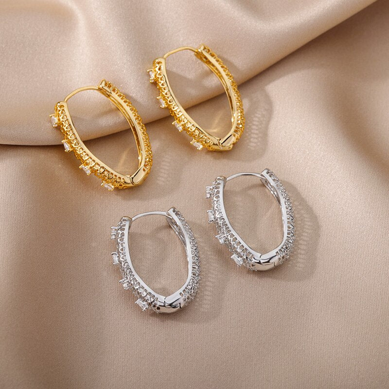 Hollow Hexagon Hoop Earrings for Women Stainless Steel Gold Color Zircon Earrings Female 2023 Trend Couple Wedding Jewelry femme