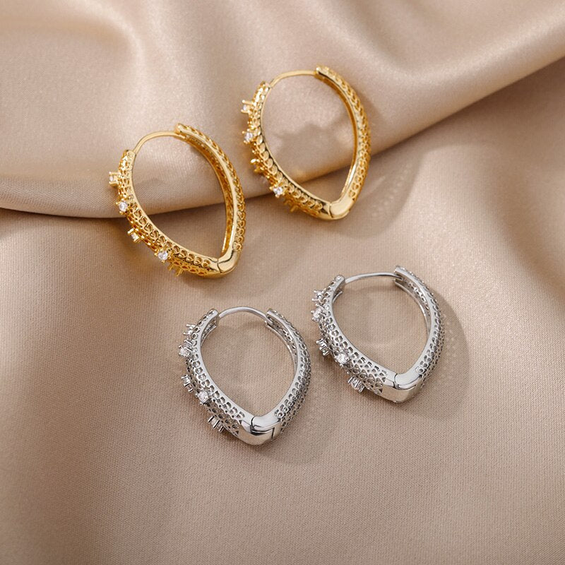 Hollow Hexagon Hoop Earrings for Women Stainless Steel Gold Color Zircon Earrings Female 2023 Trend Couple Wedding Jewelry femme