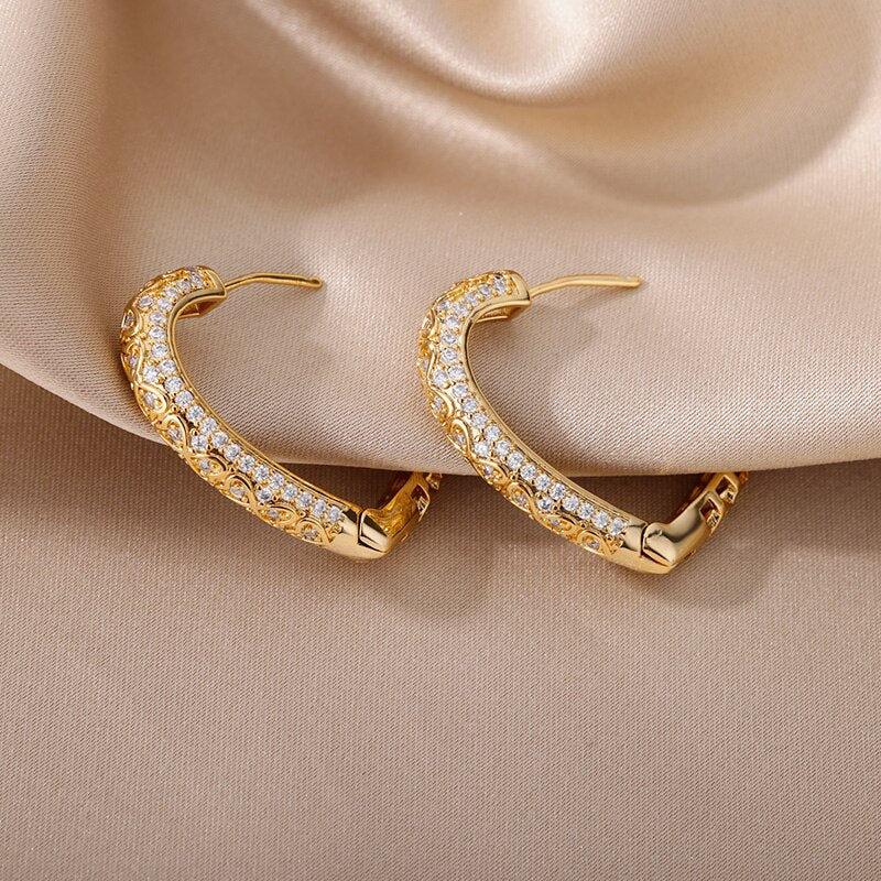 Hollow Hexagon Hoop Earrings for Women Stainless Steel Gold Color Zircon Earrings Female 2023 Trend Couple Wedding Jewelry femme