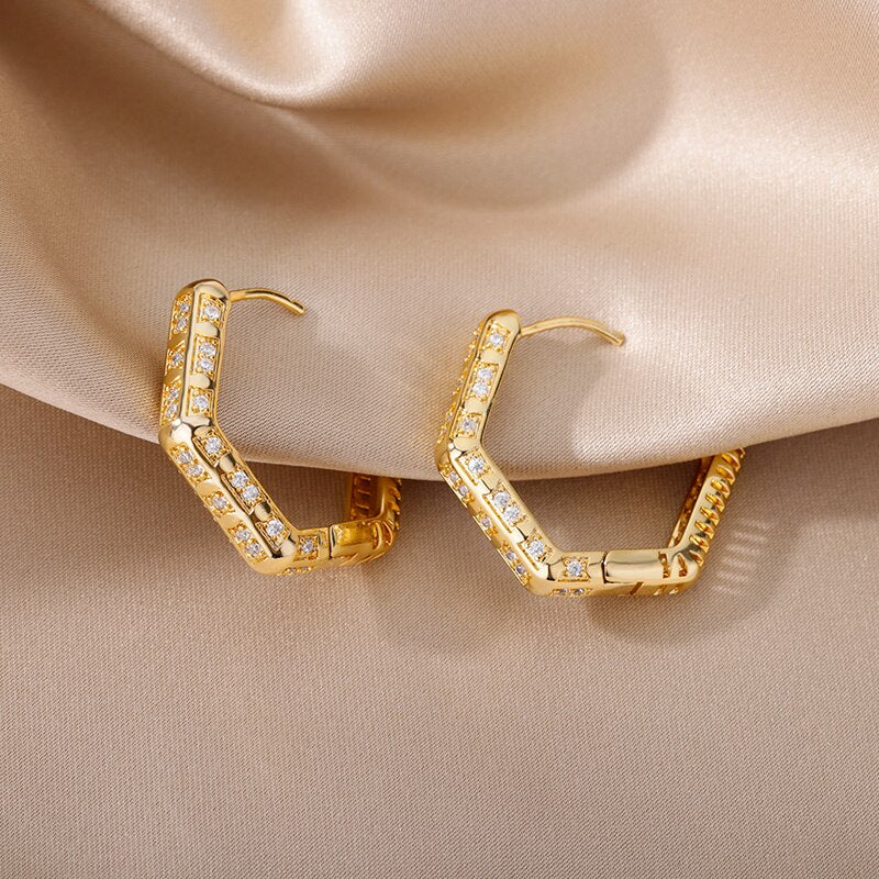 Hollow Hexagon Hoop Earrings for Women Stainless Steel Gold Color Zircon Earrings Female 2023 Trend Couple Wedding Jewelry femme