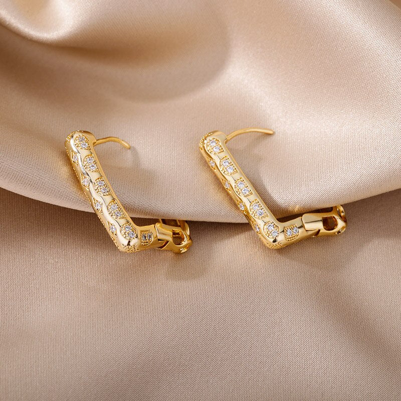 Hollow Hexagon Hoop Earrings for Women Stainless Steel Gold Color Zircon Earrings Female 2023 Trend Couple Wedding Jewelry femme