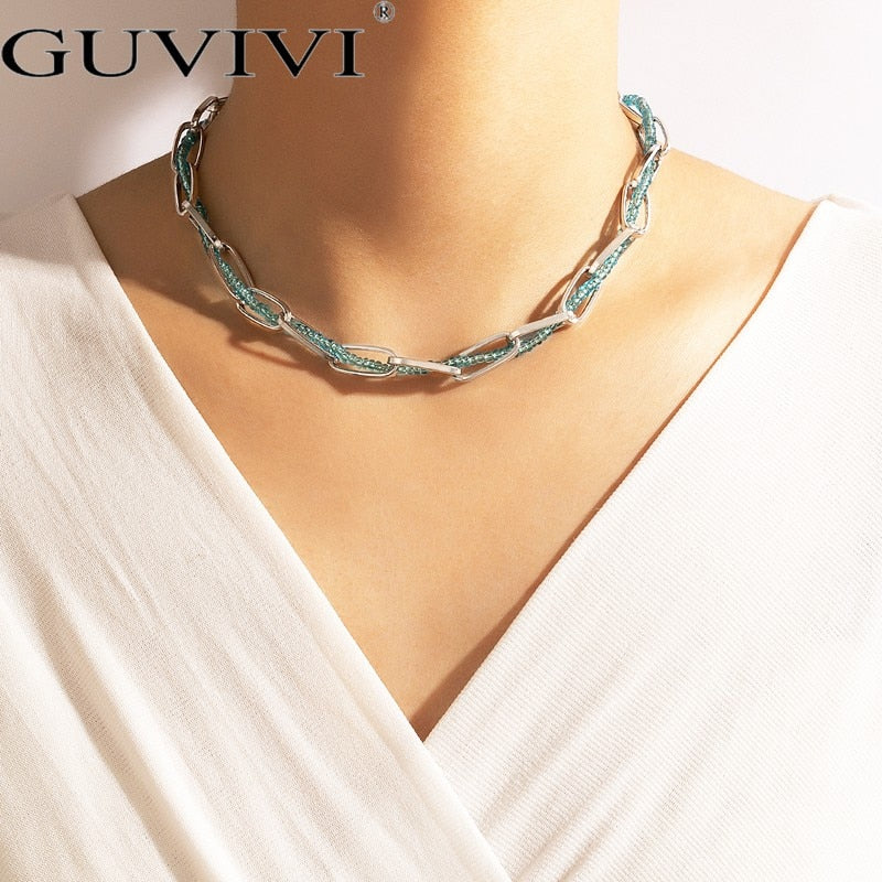 Hollow Link Chain Light Blue Little Beads Strand Braided Choker Punk Silver Color Adjustable Necklace Women Summer Jewelry Gift