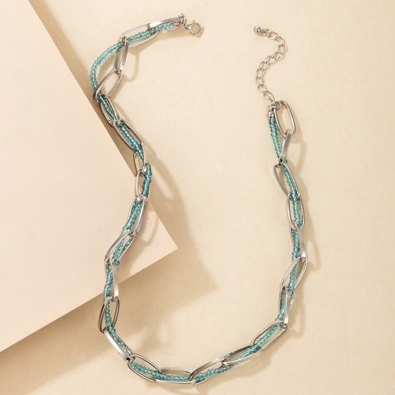 Hollow Link Chain Light Blue Little Beads Strand Braided Choker Punk Silver Color Adjustable Necklace Women Summer Jewelry Gift