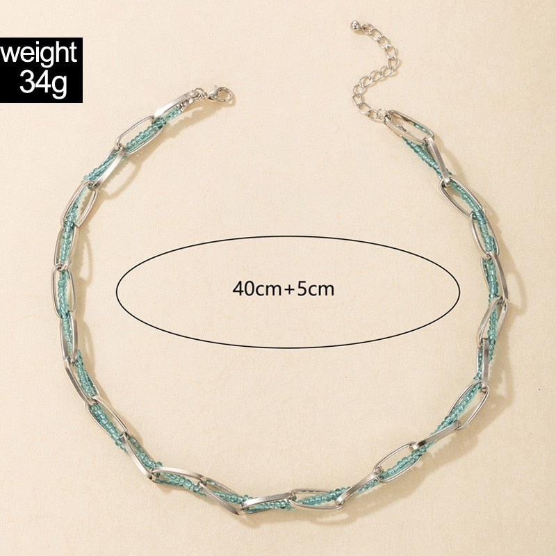 Hollow Link Chain Light Blue Little Beads Strand Braided Choker Punk Silver Color Adjustable Necklace Women Summer Jewelry Gift