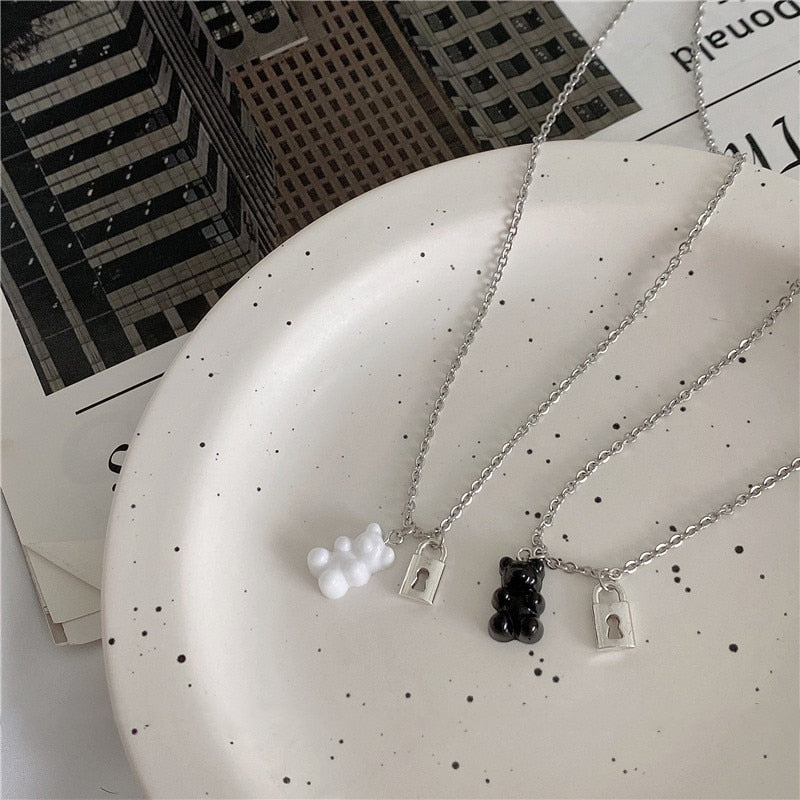 Hollow-out Lock Black White Bear Pendant Necklaces for Women Couple Cute Alloy Matching Necklace Y2K Egirl Men's Jewelry