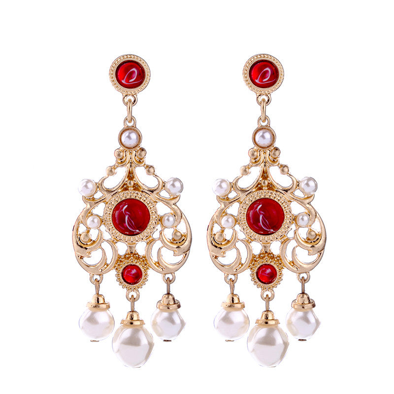 Hollowed Alloy Simulated Pearl Earrings Online Shopping India Fashion Patterned Red Hanging Earrings Jewelry