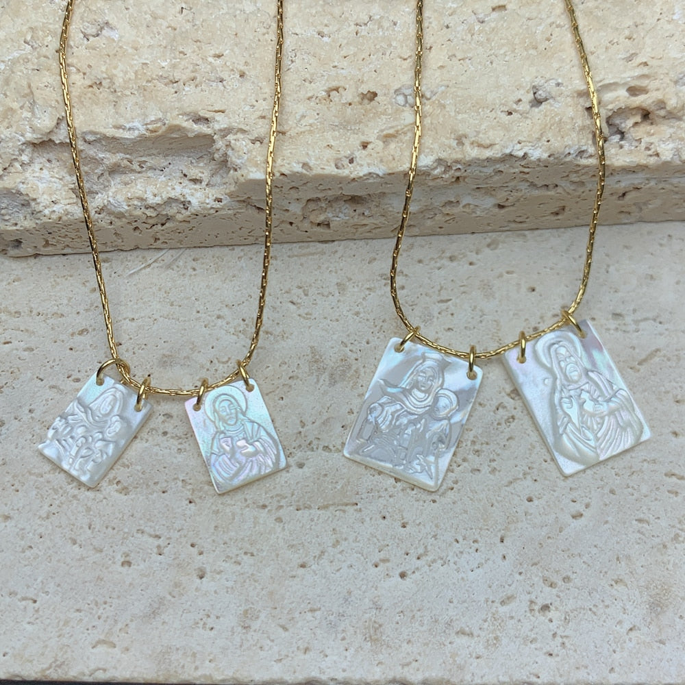 Holy Jesus Virgin Mary Necklace Women Stainless Steel Natural Pearl Shell Pendant Neck For Religious Jewelry