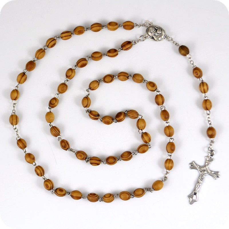 Holy soil TERRA JERUSALEM Oval Wood Rosary Beads INRI Jesus Cross Crucifix Pendant Necklaces Catholic Religious Jewelry