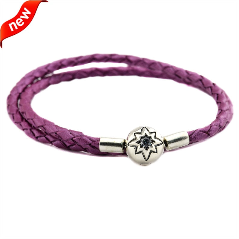 Honeysuckle Pink Leather Bracelets and Necklaces for Women Fits European Style Charm Beads 925 Sterling Silver Starry Sky Clasp