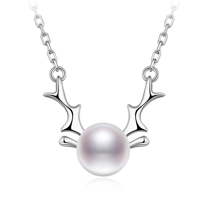 100% Silver 925 Jewelry Sterling Silver Necklace for Women Deer Horn and Pearl Pendant Necklace Come With Chain