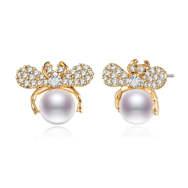 2020 New Fashion 925 Sliver Zircon Bee Earrings Temperament Natural Pearl Jewelry Stud Earring Birthd Gift