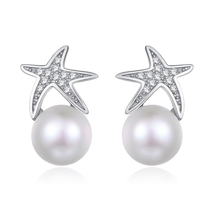 2020 New Hot Fashion Natural Pearl with 925 Sterling Silver Five-pointed Star Stud Earrings Brincos Oorbellen