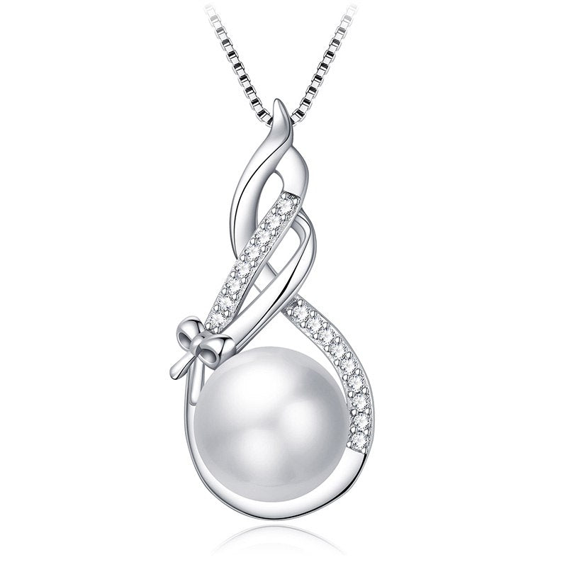 925 Sterling Silver with Natural Pearl Cute Bowknot Necklaces & Pendants Shiny Zircon Charm Party Accessories for Women