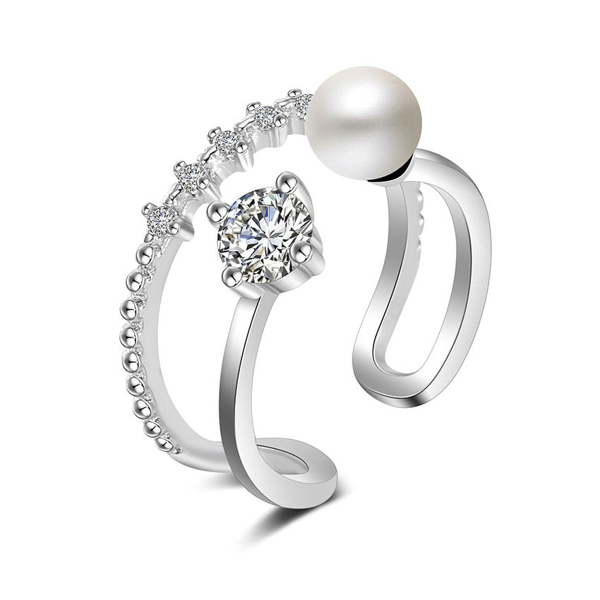 Adjustable Pearl Open Ring Solid 925 Sterling Silver Jewelry Double Circle Casual Women Rings Luxury Love Gift